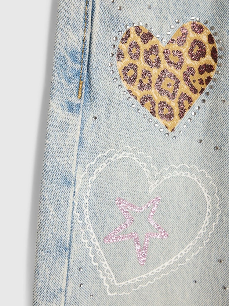 River Island Blue Light Wash Leopard Heart Straight Fit Jeans