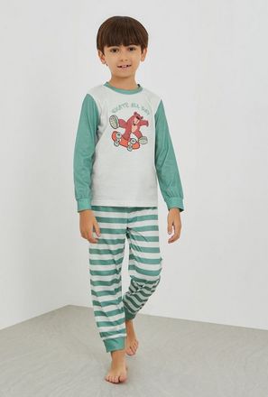 Styli Graphic Print Round Neck T-Shirt and Striped Pyjama Set