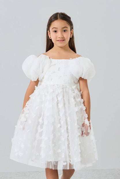 Take Two Girls White Organza Puff Sleeve Butterfly Detail Dress