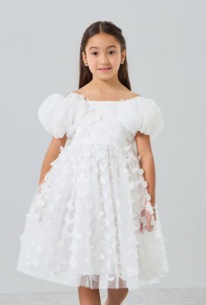 Take Two Girls White Organza Puff Sleeve Butterfly Detail Dress