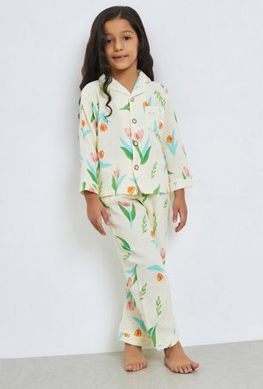 Styli Girls Floral Print Button Front Shirt and Pjyama Set