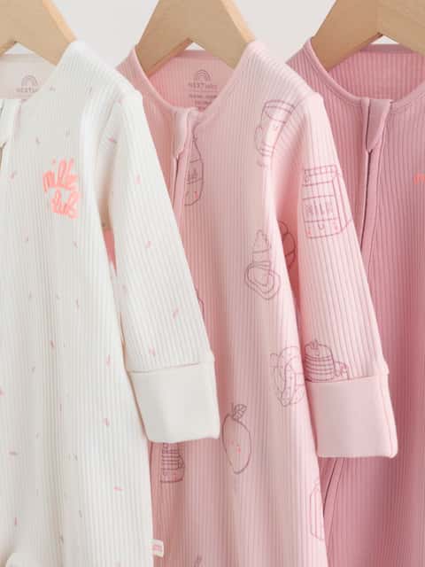 Pink Two Way Zip Baby Sleepsuits 3 Pack (0mths-3yrs)