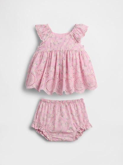 Baby Eyelet Outfit Set - PINK FLORAL / 12-18M