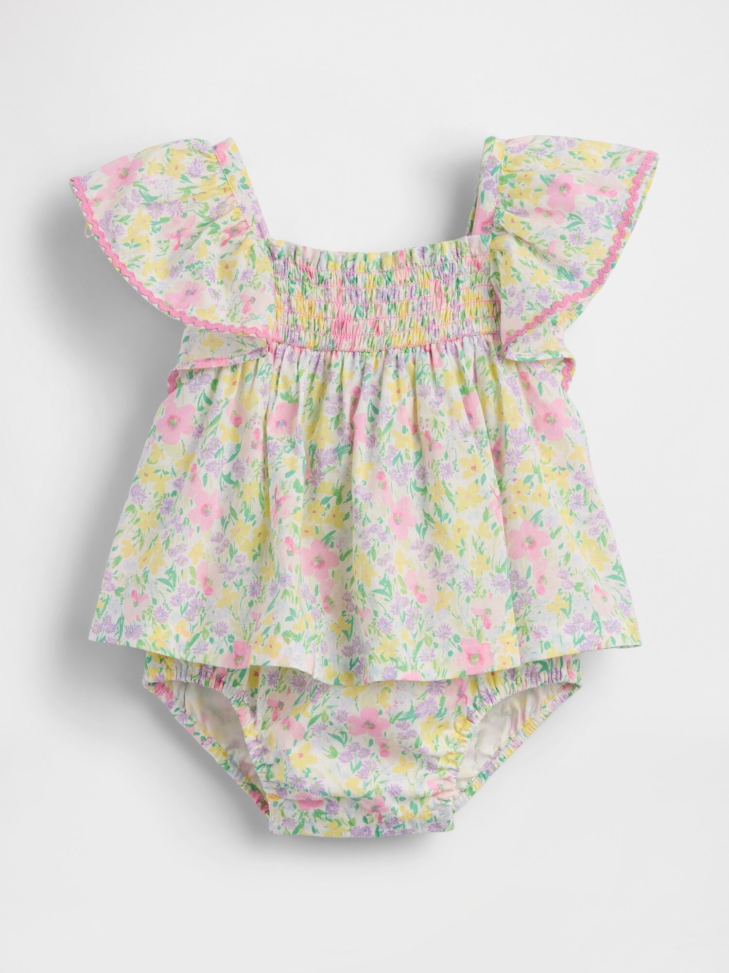 Baby Smocked Flutter-Sleeve Bodysuit Dress - SP EASTER FLORAL / 12-18M