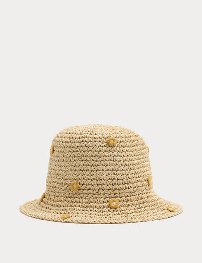 Kids’ Straw Raffia Embroidered Flower Hat - NEUTRAL / 6-10 Years