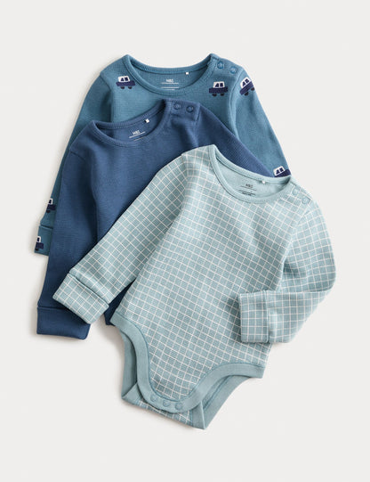 3 Pack Pure Cotton Car Long Sleeve Bodysuits (0-3 Yrs) - NAVY / 12-18 Months