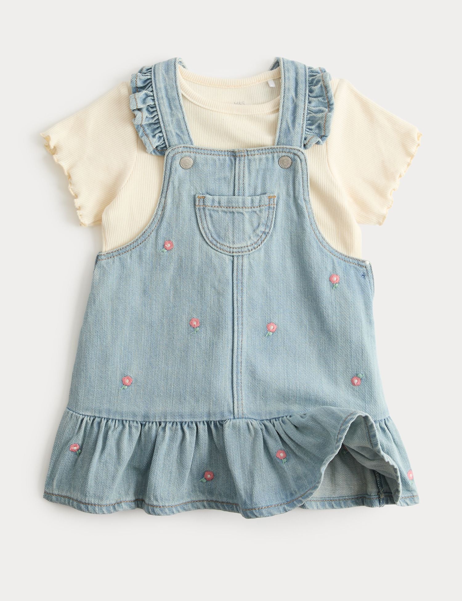 طقم مئزر من الدنيم مطرز مكون من قطعتين (من 0 إلى 5 سنوات) - DENIM MIX / 12-18 Months