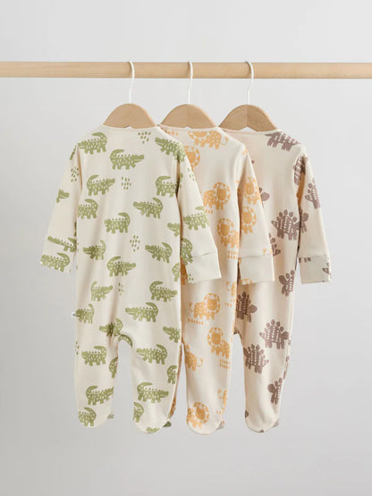 Multi Safari Two Way Zip Baby Sleepsuits 3 Pack (0mths-2yrs)