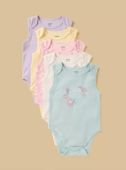 Pack of 5 - Floral Print Sleeveless Cotton Bodysuit