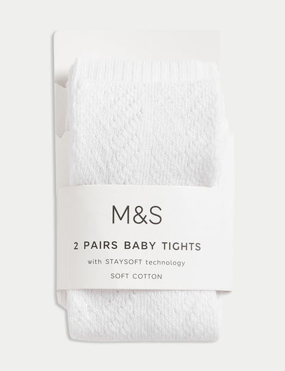 2 Pack Cotton Rich Ribbed Pelerine Tights (0-2 Yrs) - WHITE / 12-18 Months