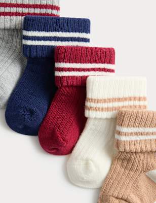 5 Pack Cotton Rich Striped Ribbed Socks (0-3 Yrs)