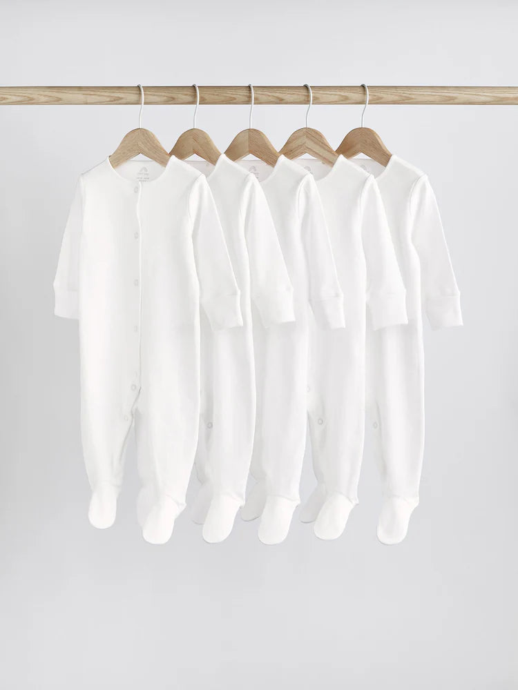 White 5 Pack 100% Cotton Baby Sleepsuits (0-18mths)