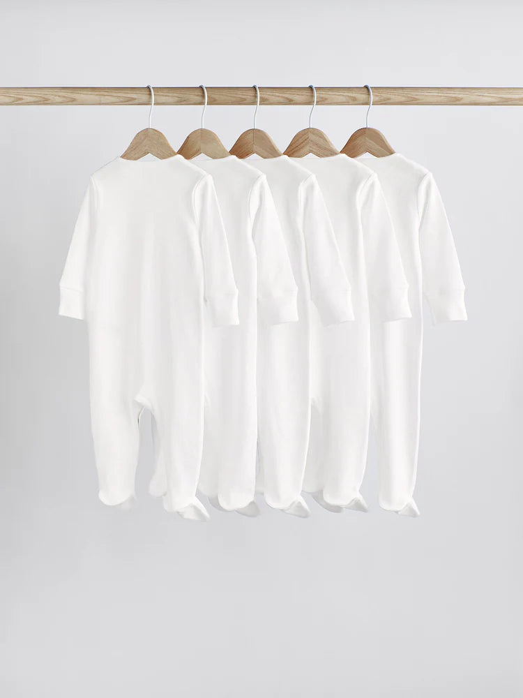 White 5 Pack 100% Cotton Baby Sleepsuits (0-18mths)