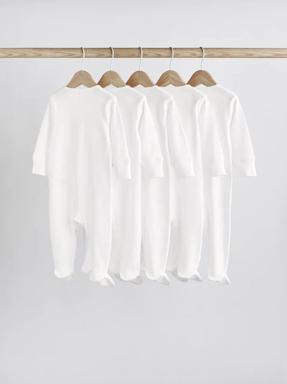 White 5 Pack 100% Cotton Baby Sleepsuits (0-18mths)