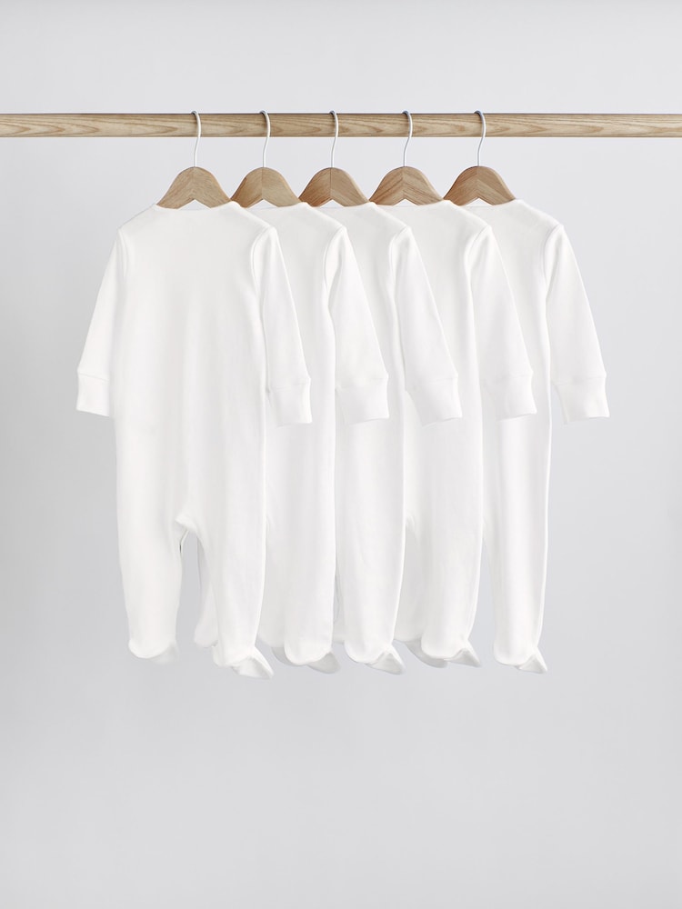 White 5 Pack 100% Cotton Baby Sleepsuits (0-18mths)