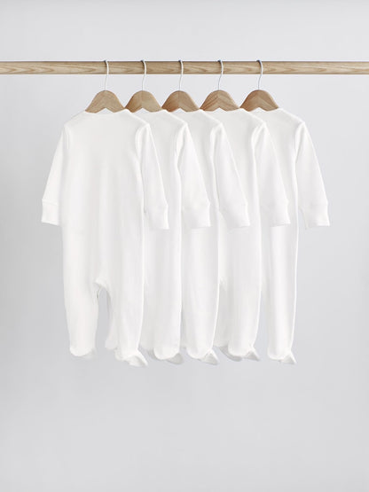White 5 Pack 100% Cotton Baby Sleepsuits (0-18mths)