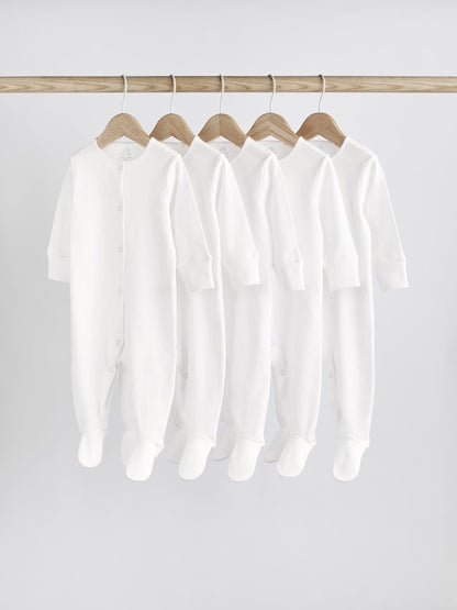 White 5 Pack 100% Cotton Baby Sleepsuits (0-18mths)