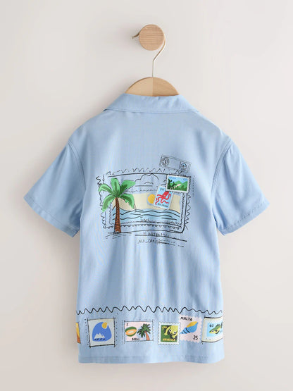 Blue Palm Print Short Sleeve Revere Collar Printed Shirt (3mths-7yrs)