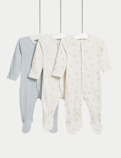 3 Pack Pure Cotton Dog Popper Footed Sleepsuits (0-3 Yrs) - BLUE MIX / 12-18 Months