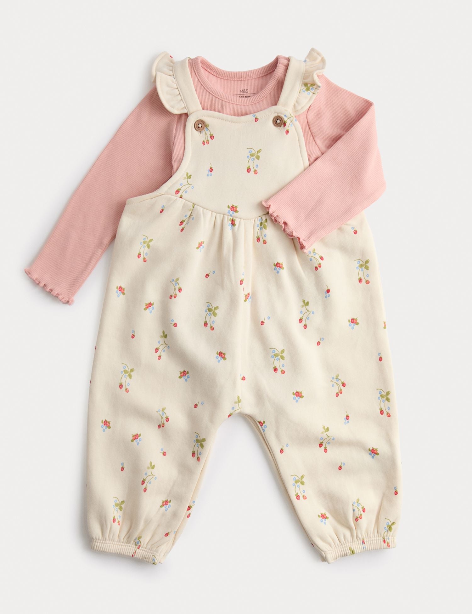 2pc Cotton Strawberry Ditsy Dungarees Outfit (0-3 Yrs) - CREAM MIX / 12-18 Months