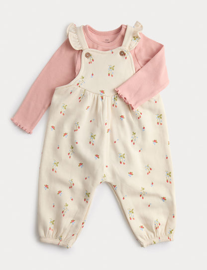 2pc Cotton Strawberry Ditsy Dungarees Outfit (0-3 Yrs) - CREAM MIX / 12-18 Months