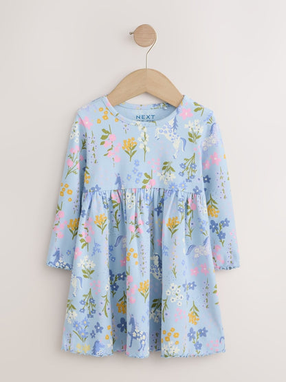 Blue Floral Unicorn Long Sleeve Ribbed Dress (3mths-7yrs) - Blue Floral Unicorn Long Sleeve Ribbed / 12-18 Months (80-86cm)