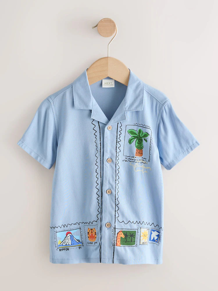 Blue Palm Print Short Sleeve Revere Collar Printed Shirt (3mths-7yrs)
