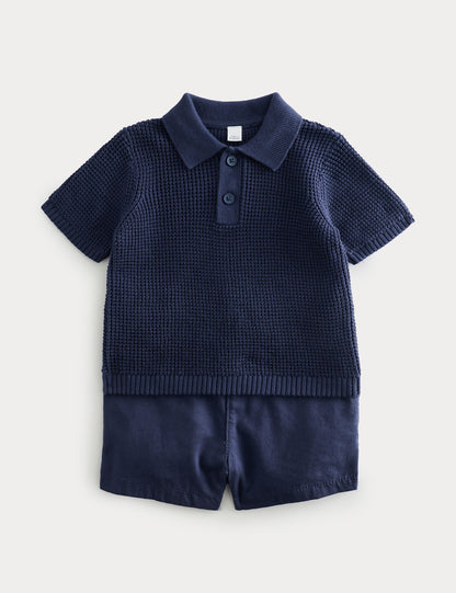 2 Piece Knitted Polo Shirt and Chino Shorts (0-5 Yrs) - NAVY / 12-18 Months