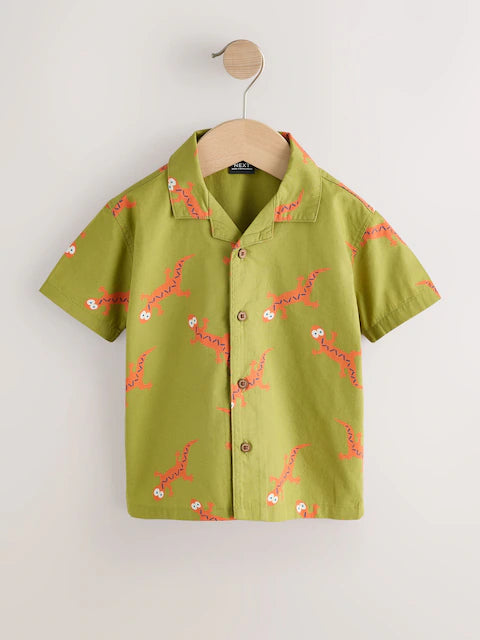 Green All Over Print Ghecko Short Sleeve Revere Collar Printed Shirt (3mths-7yrs)