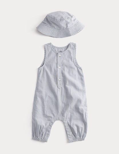 Pure Cotton Romper &amp;amp; Hat Outfit (7lbs-2 Yrs) - LIGHT DUCK EGG / 0-3 Months