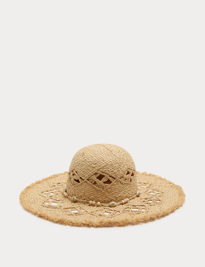 Straw Shell Detail Fringed Hat - NATURAL / Small-Medium