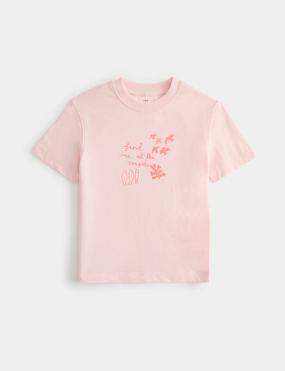 Pure Cotton Crew Neck Seaside Print T-Shirt (2-8 Years) - PALE PINK / 3-4 Years