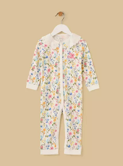 Floral Print Cotton Sleepsuit with Eyelet Collar