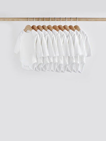 White 10 Pack Essential Baby Long Sleeve Bodysuits