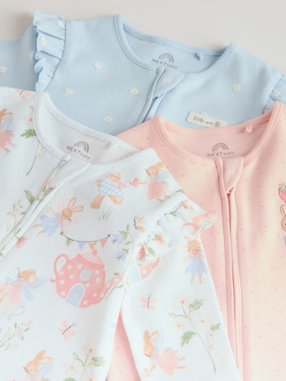Multi Two Way Zip Baby Sleepsuit 3 Pack (0mths-3yrs)