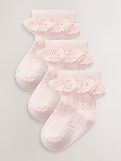 Pink Lace Baby Socks 3 Pack - Size 50cm (First Size) - Pink