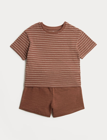 Pure Cotton Striped Shirt &amp;amp; Navy Shorts (0-5 Yrs) - BROWN / 12-18 Months