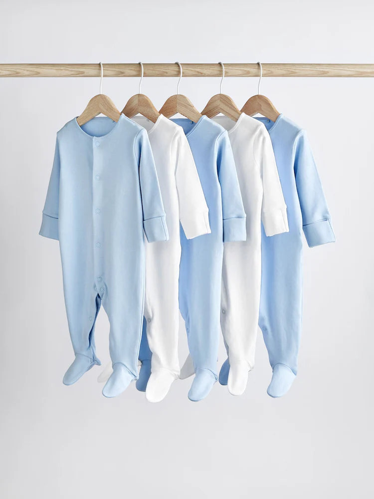 Blue/White 5 Pack Baby Sleepsuits (0-2yrs)