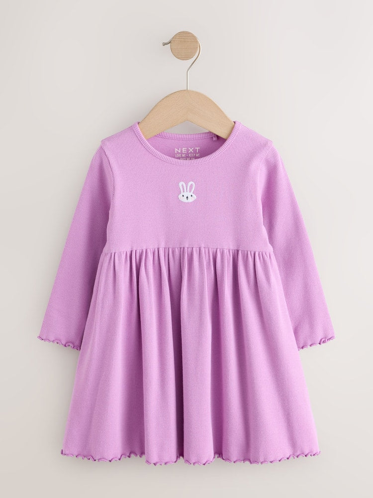 Lilac Bunny Embroidery Long Sleeve Ribbed Dress (3mths-7yrs)