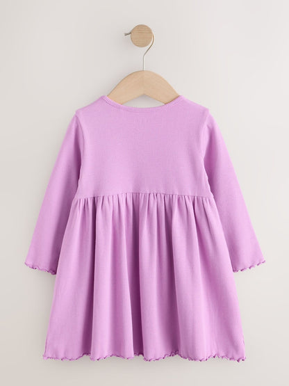 Lilac Bunny Embroidery Long Sleeve Ribbed Dress (3mths-7yrs)