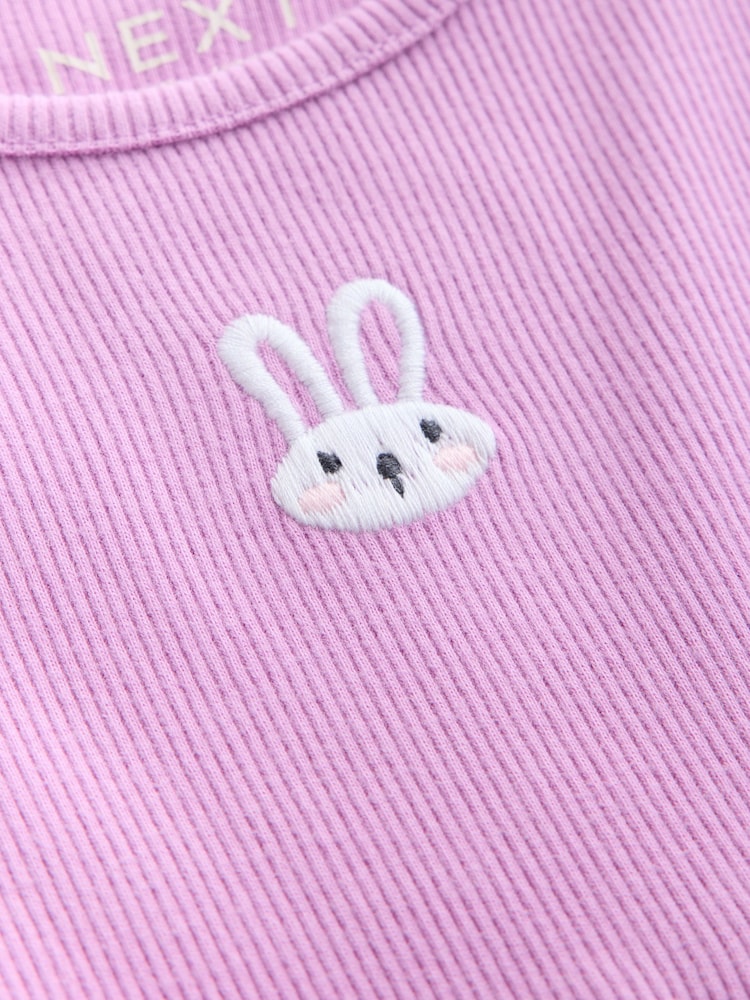 Lilac Bunny Embroidery Long Sleeve Ribbed Dress (3mths-7yrs)
