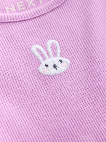 Lilac Bunny Embroidery Long Sleeve Ribbed Dress (3mths-7yrs)