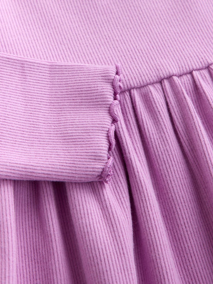 Lilac Bunny Embroidery Long Sleeve Ribbed Dress (3mths-7yrs)