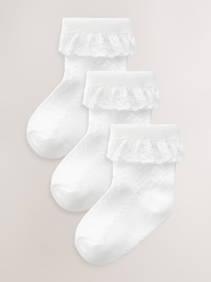 White Lace Baby Socks 3 Pack - Size 50cm (First Size) - White