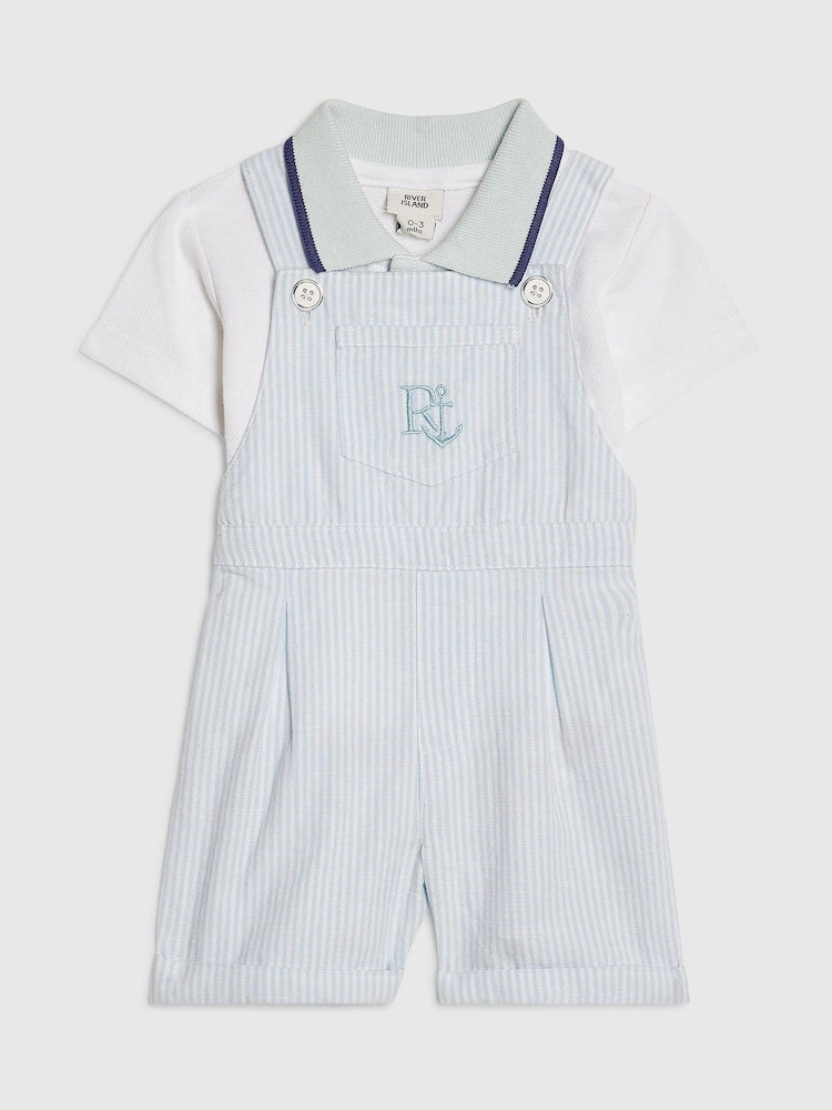 River Island Blue Stripe Dungaree Polo Dungarees Set