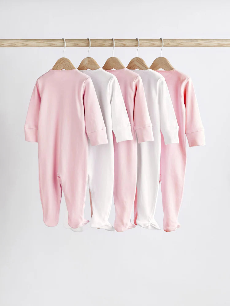 Pink/White 5 Pack Baby Sleepsuits (0-2yrs)