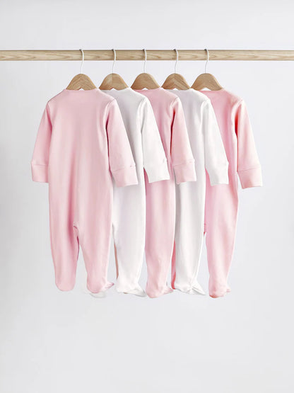 Pink/White 5 Pack Baby Sleepsuits (0-2yrs)