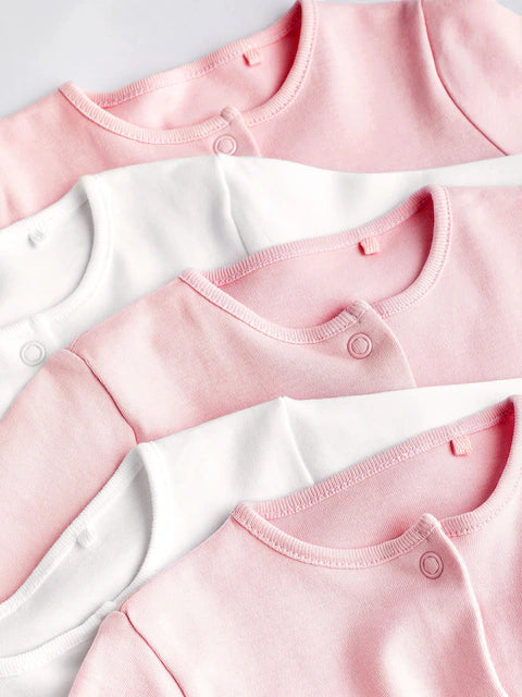 Pink/White 5 Pack Baby Sleepsuits (0-2yrs)