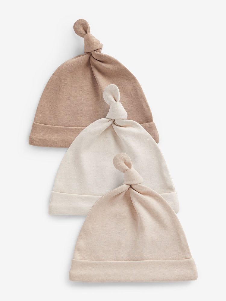 Neutral 100% Cotton Tie Top Baby Hats 3 Pack (0-12mths) - Size 44cm (5lb) - Neutral