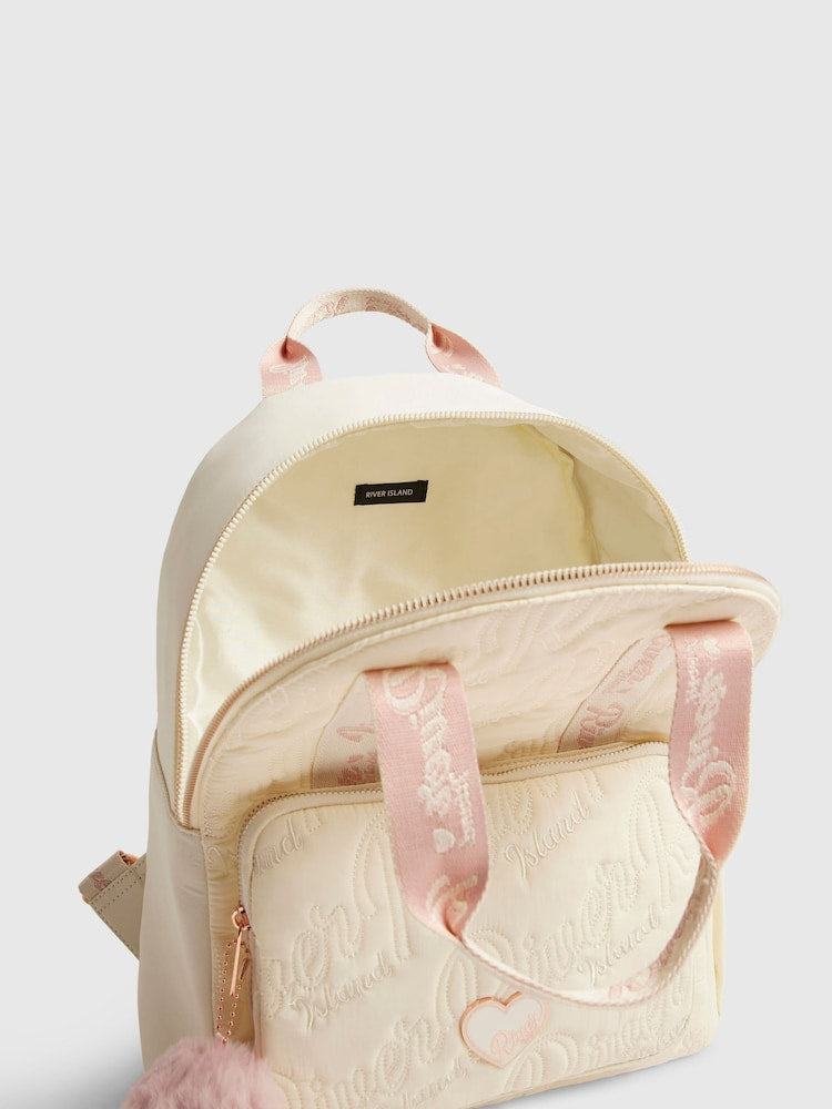 River Island Cream Logo Heart Nylon School Backpack